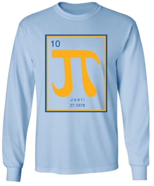 Jaeti (traditional women's cut) yellow and navy on powder blue square logo long sleeve t-shirt